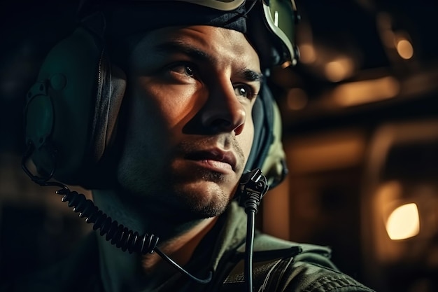 Portrait of military pilot in cockpit of a modern fighter Generative AI