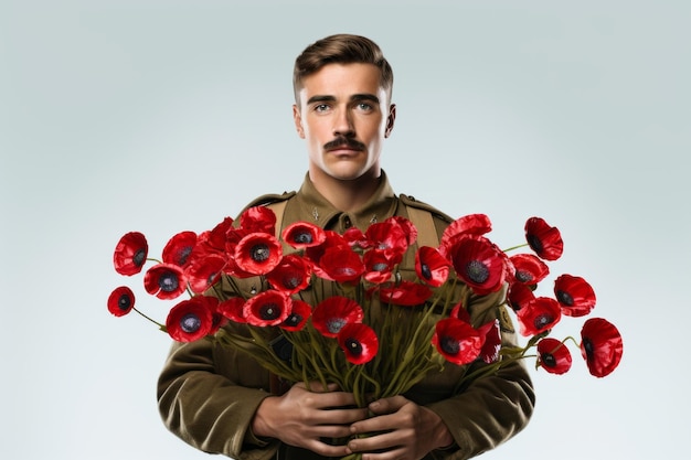 Portrait of a military soldier holding a bunch of red poppy flowers the symbol of remembrance