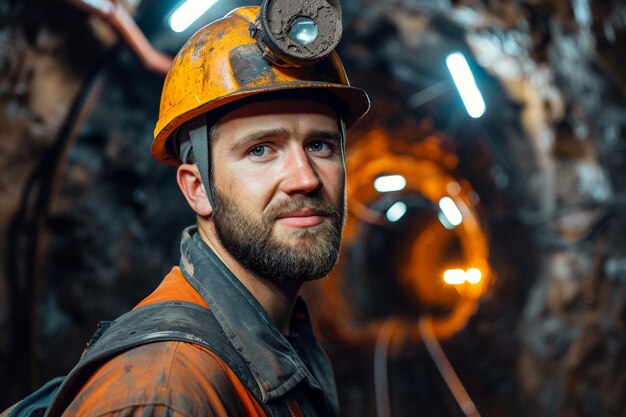 Portrait of a Miner in a Hardhat at the Mine with AI generated