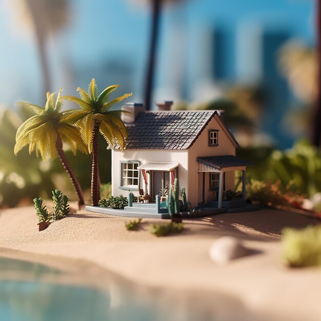 Foto un ritratto di una casa in miniatura in ocean beach con palme e onde