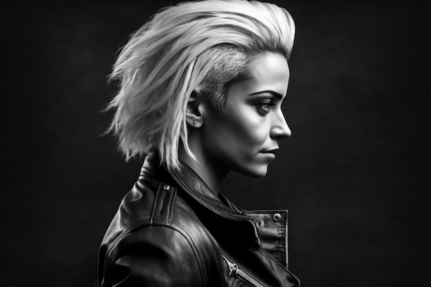 portrait minimalistic of a woman with black and white hair wearing a black leather jacket