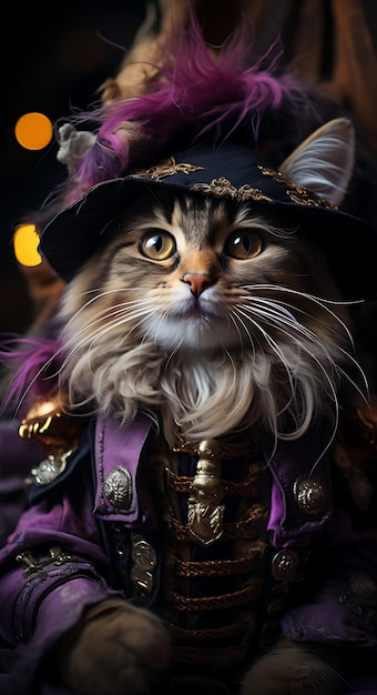 Photo portrait of mischievous cat abyssinian pirate trickster costume feath animal arts collections