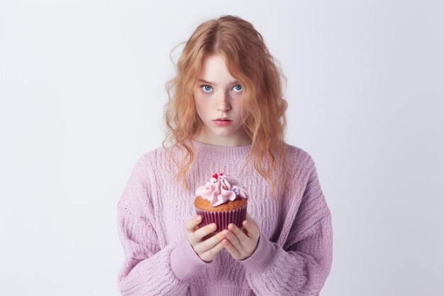 Photo portrait of miserable girl with cupcake sad without sweets cant eat pastry being on diet white backg