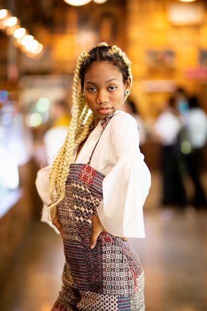 Portrait of mix race woman posed in cafe as model