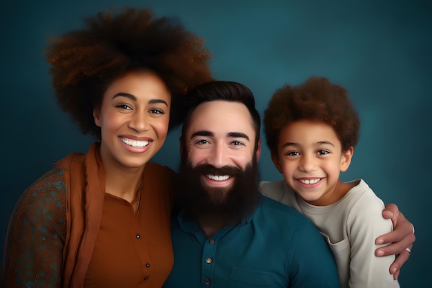 Foto ritratto di una felice famiglia afroamericana mista con un figlio sorridente coppia multirazziale gioiosa