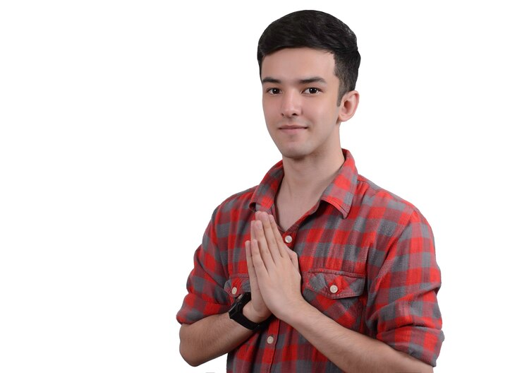 Portrait of mixed race adult working pay respect prayer concept  and religion white background.