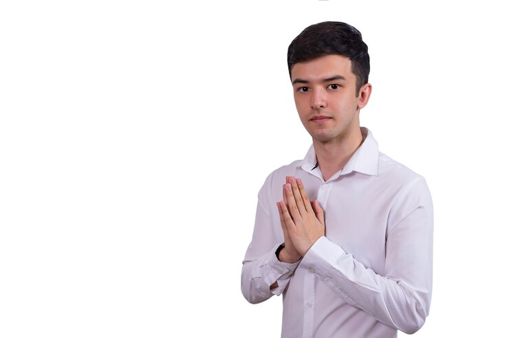 Portrait of mixed race adult working pay respect prayer concept  and religion white background.
