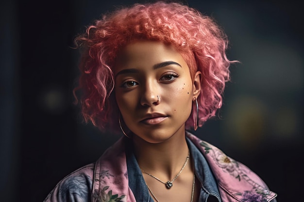 Portrait of a mixedrace woman with pink hair and colorful clothes