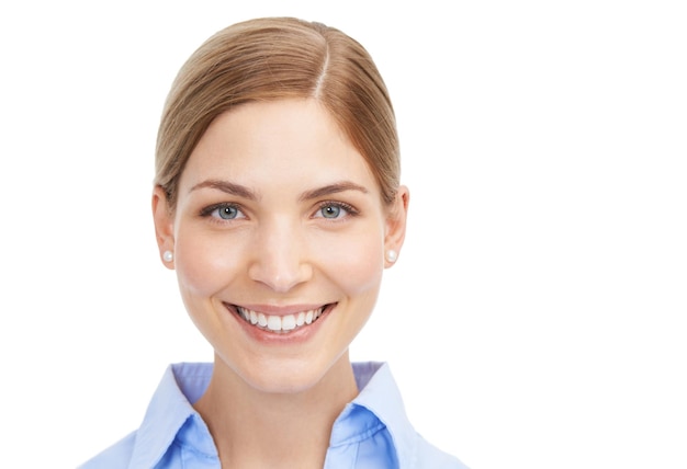 Portrait mockup and trust with a business woman in studio on a white background for marketing or advertising Mock up brand and about us with a female employee posing to promote product placement