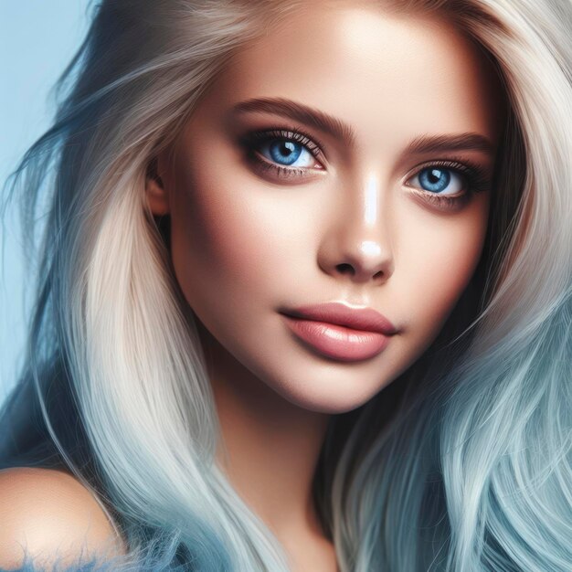 Portrait of model with Blonde hair in blue colors for an advertisement for winter cosmetics brand ai generative