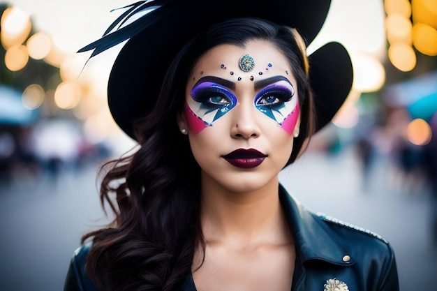 Portrait of a model with bright makeup in the evening on a city street