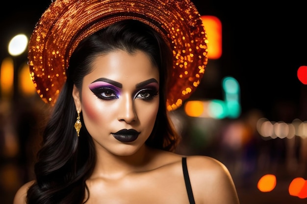 Portrait of a model with makeup black lips in a costume at night on a city street Halloween