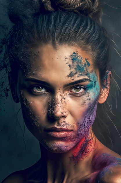 Portrait of a Model with paint colorful powder Generative AI