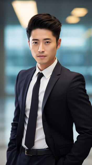 Foto ritratto di un moderno professionista asiatico in abito da lavoro sullo sfondo dell'ufficio