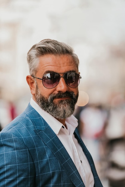 Portrait of a modern senior businessman with sunglasses in the city.