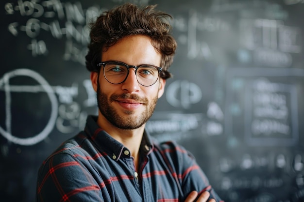 Portrait of modern young man mathematic teacher at school against blackboard generative ai