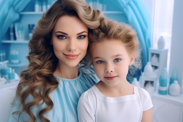 Portrait of mom with daughter in beauty salon