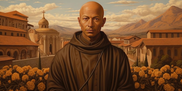 Foto ritratto di un monaco con un tempio sullo sfondo