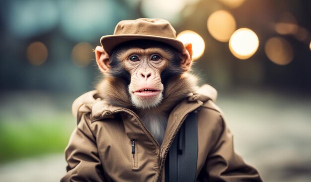 Foto ritratto di una scimmia con un cappello e una giacca per strada