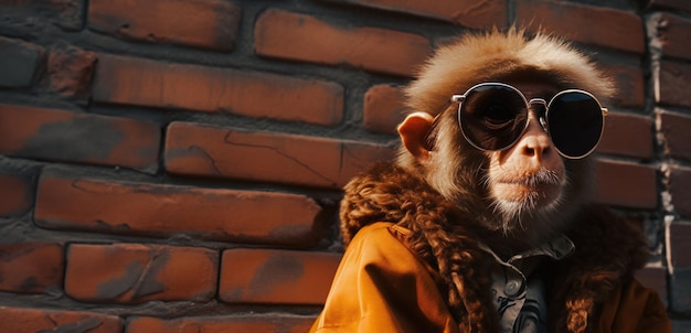 Photo portrait of a monkey in a hoodie and orange glasses on the street