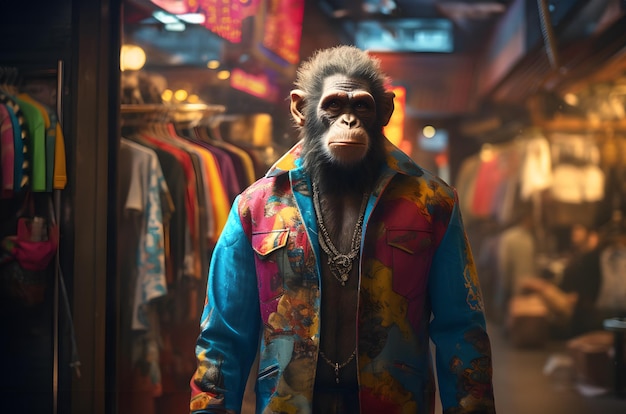 Portrait of a monkey in a shop window at night in Paris