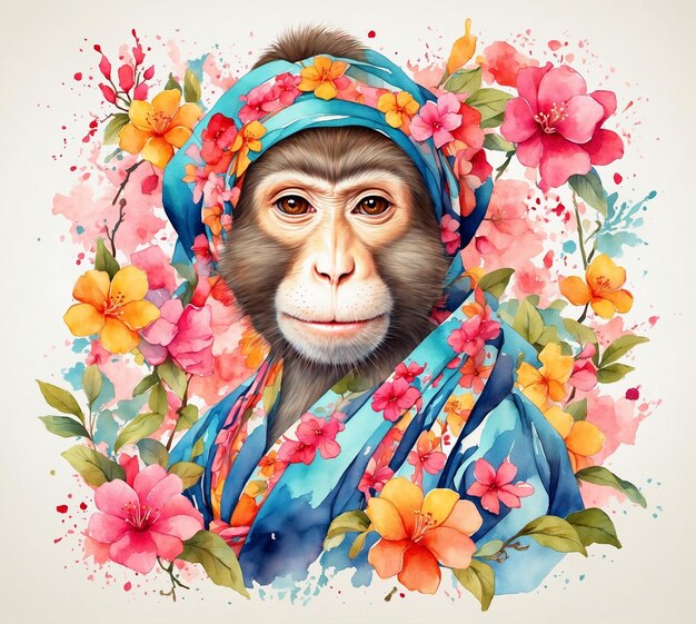 Portrait of a monkey in a turban on a background of flowers