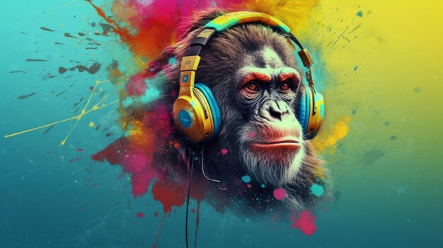 Portrait of a monkey with headphones on a colorful abstract background Generative AI