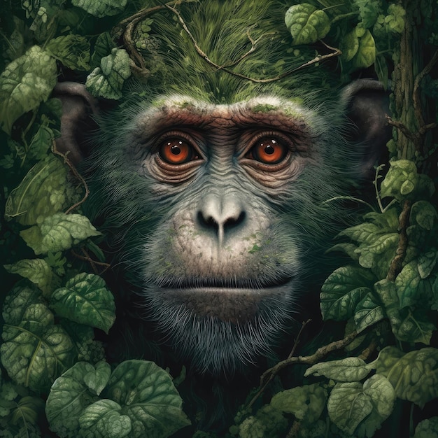 녹색과 융합된 그의 얼굴에 나뭇잎이 있는 원숭이의 초상화