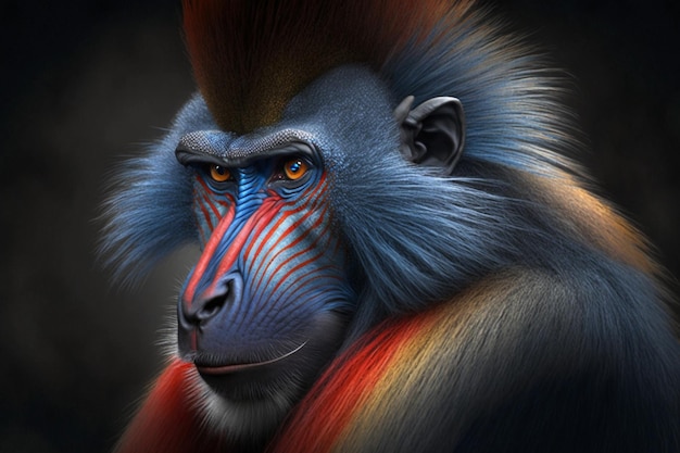 A portrait of a monkey with red and blue eyes.