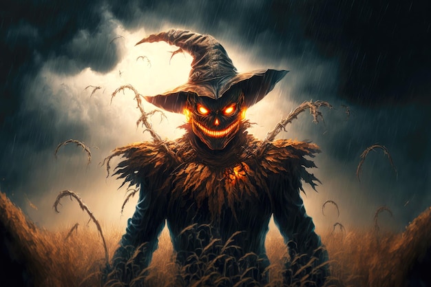 Portrait of monstrous scarecrow with burning eyes and nightmarish smile on field in thunderstorm