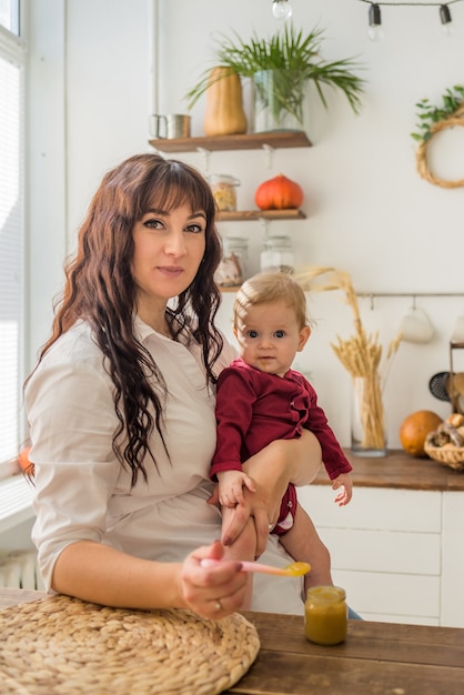 Portrait of a mother and baby in the kitchen during a meal