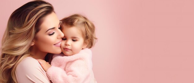 Портрет матери и ребенка на розовом фоне с копией места для текста