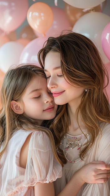 Portrait of mother and daughter celebrating Mothers day surrounded by balloons Generative AI