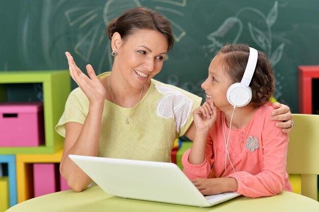 Photo portrait of mother and daughter using laptop