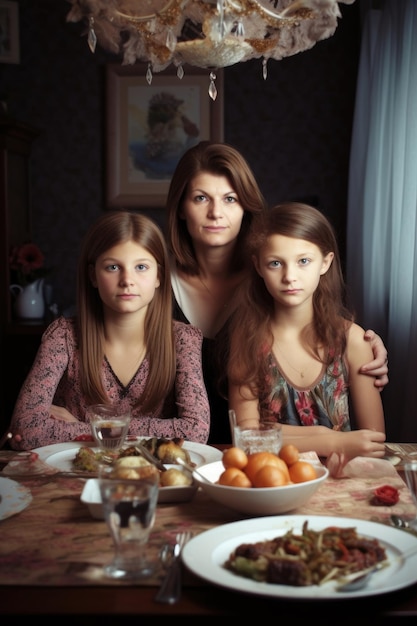 Portrait of a mother and her two daughters having dinner at home created with generative ai