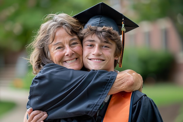 Portrait of a mother hugging graduate son in his convocation day with a beautiful blurry backdrop and space for text or product