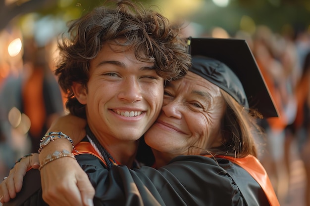 Portrait of a mother hugging graduate son in his convocation day with a beautiful blurry backdrop and space for text or product