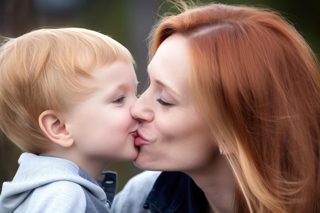 Portrait of a mother kissing her child on the cheek created with generative ai
