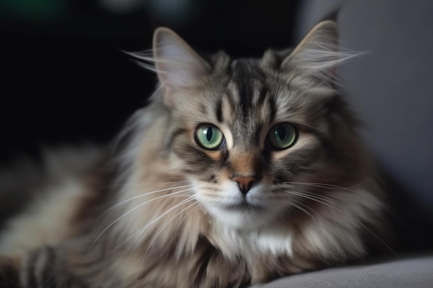 灰色のソファに横たわっているシベリア猫の色とりどりの純血種の子猫の肖像画