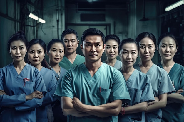 Portrait Of MultiCultural Medical Team Standing In Hospital Corridor Generative AI Technology