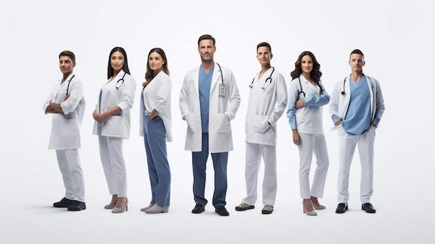 Portrait of multicultural medical team standing in hospital corridor generative ai