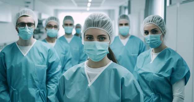 Portrait of multicultural medical team wearing uniform and face masks standing inside hospital