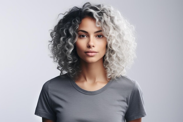 Portrait of a multicultural young woman with curly white hair in a studio shot