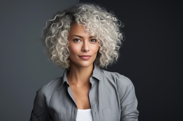 Portrait of a multicultural young woman with curly white hair in a studio shot