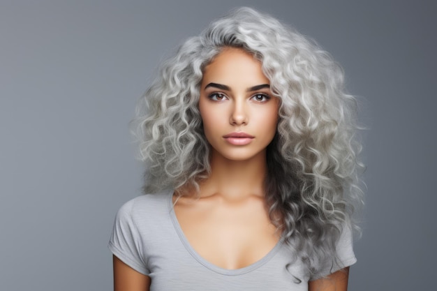 Portrait of a multicultural young woman with curly white hair in a studio shot