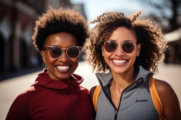 Portrait of multiracial friends in fashionable outfits posing in urban area