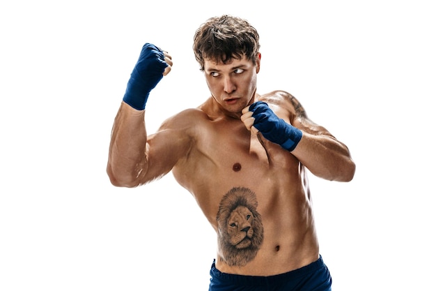 Portrait of muscular boxer who training and practicing uppercut on white background sport concept