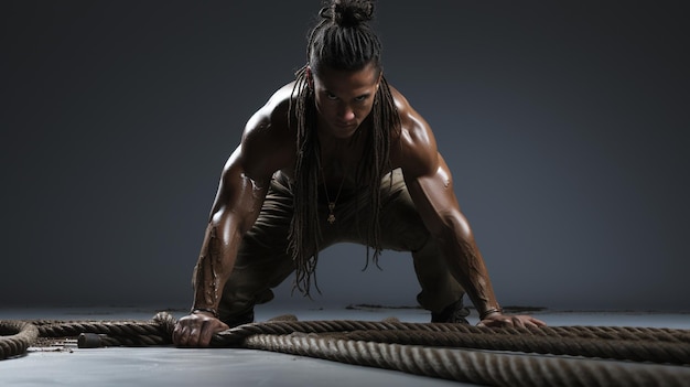 Photo portrait of a muscular guy in a black bodybuilder posing in the studio