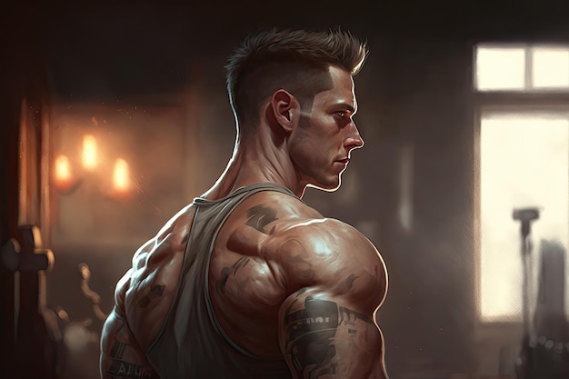 체육관에서 근육질의 남성 운동 선수의 초상화