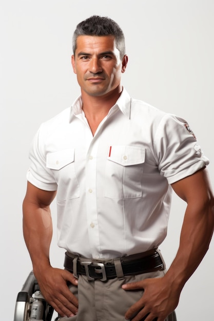 Photo portrait of a muscular man in a white shirt and khaki pants